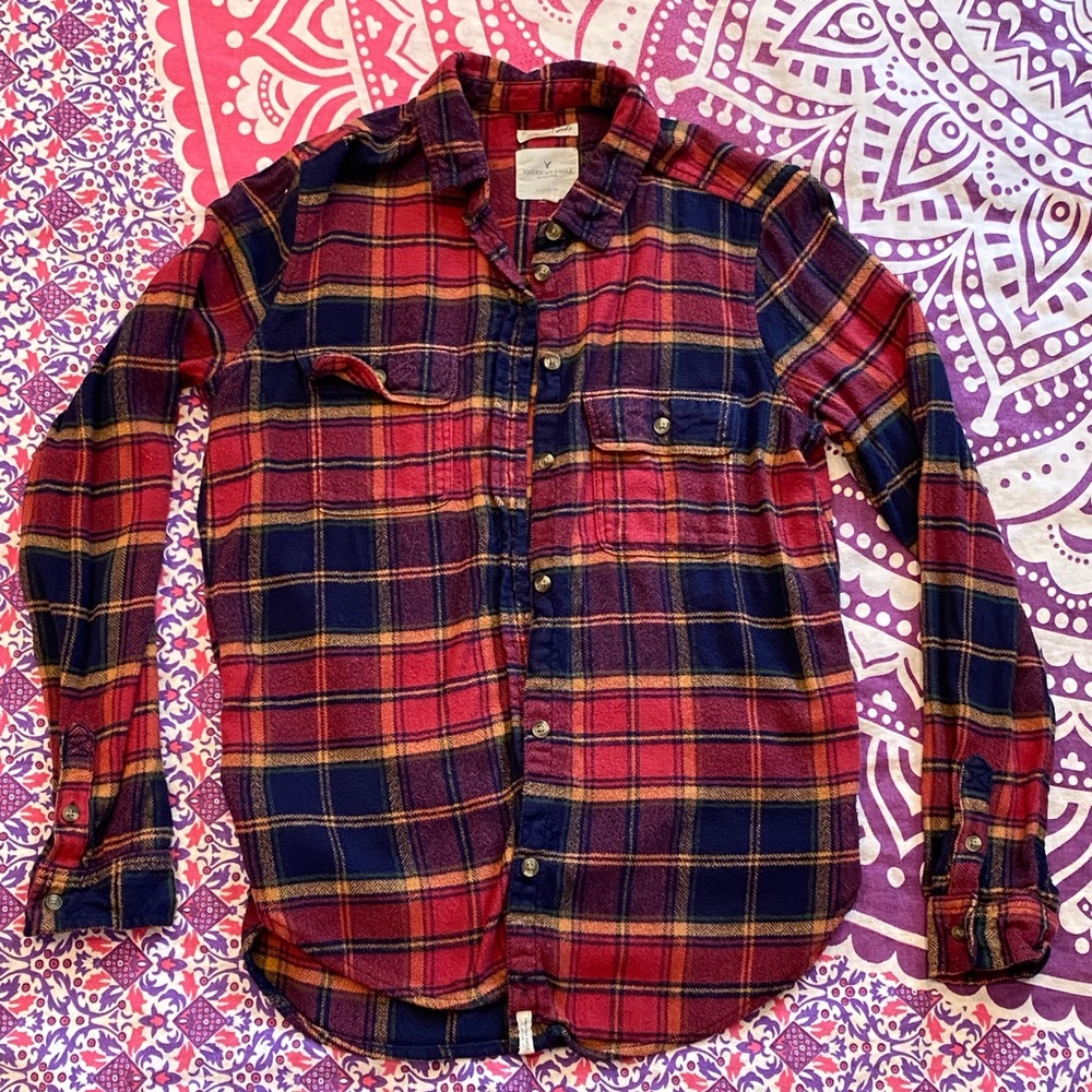 American Eagle: Maroon & Multicolor Plaid Flannel